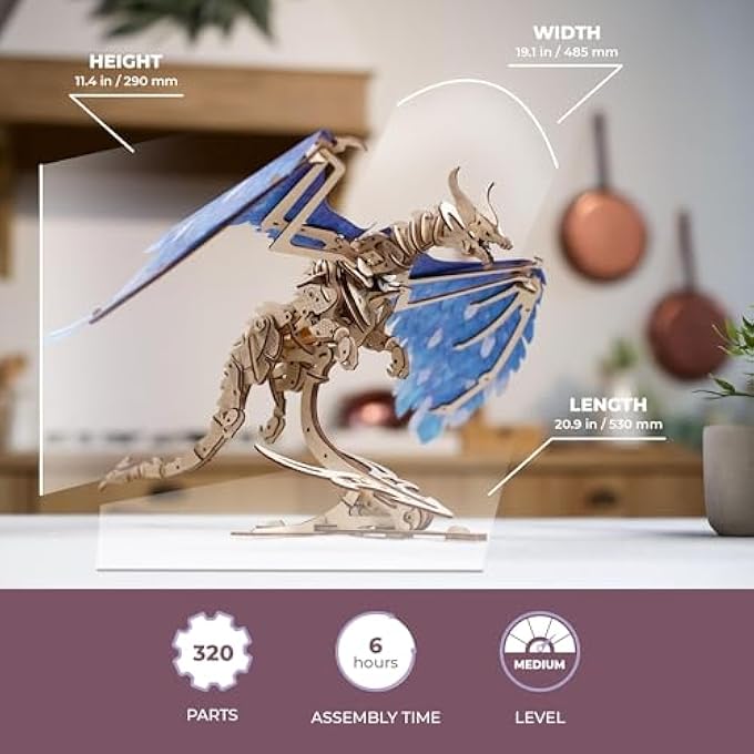 WINDSTORM DRAGON 3D PUZZLE - SELF-ASSEMBLY 3D WOODEN PUZZLES FOR ADULTS AND KIDS - REALISTIC 3D DRAGON PUZZLE WOOD MODEL KIT WITH RUBBER BAND MOTOR - LASER-CUT WOODEN PUZZLE MECHANICAL TOY - Image 2